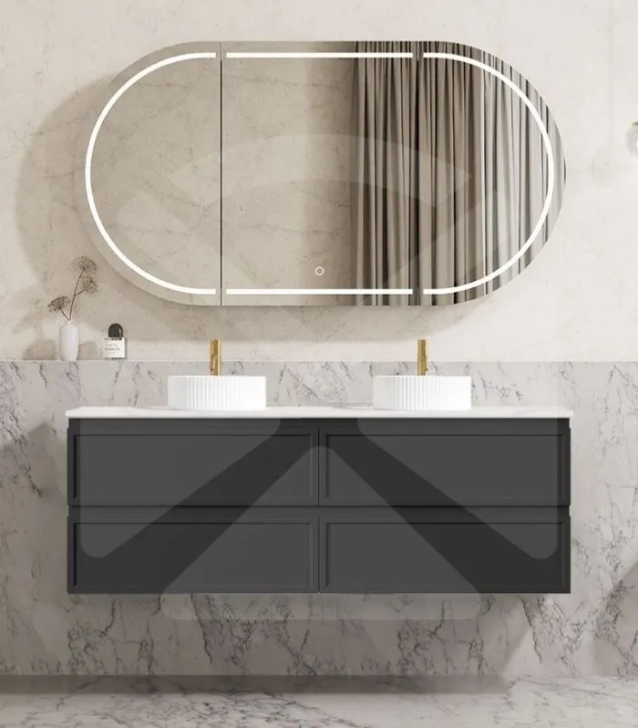 Hamilton Shaker 1500mm Double Bowl Wall Hung Vanity - Matt Black with Marble Stone Top
