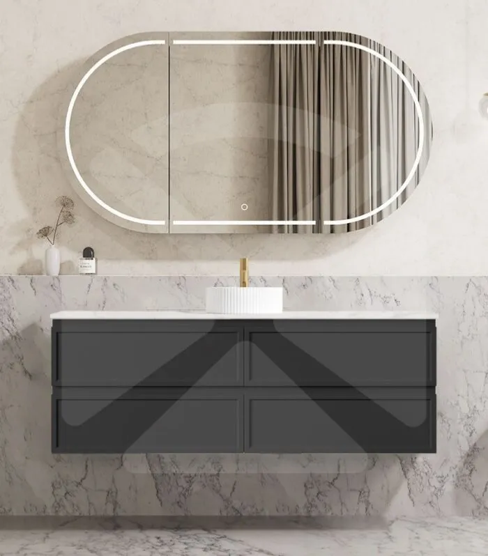 Hamilton Shaker 1500mm Single Bowl Wall Hung Vanity - Matt Black with Marble Stone Top