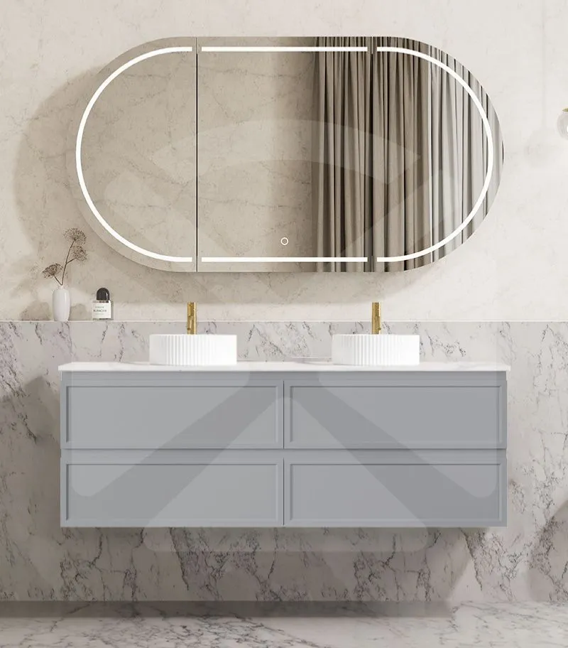 Hamilton Shaker 1500mm Double Bowl Wall Hung Vanity - Matt Grey with Marble Stone Top