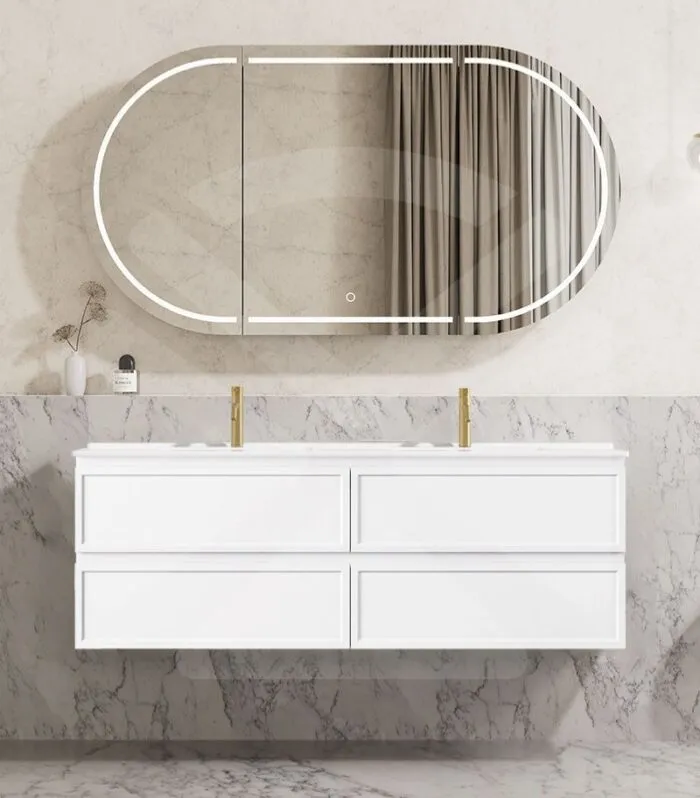 Hamilton 1500mm Double Bowl Wall Hung Vanity - Matt White with Ceramic Top