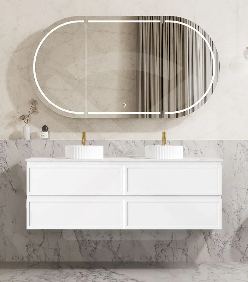 Hamilton 1500mm Double Bowl Wall Hung Vanity - Matt White with Marble Stone Top