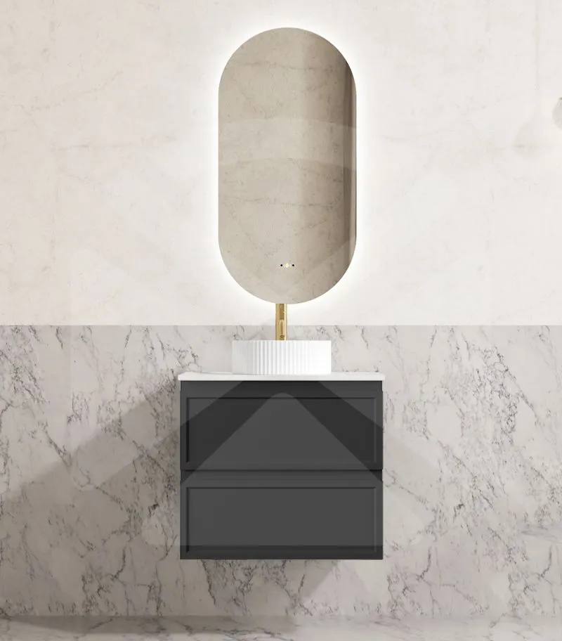 Hamilton Shaker 600mm Wall Hung Vanity – Matt Black with Marble Stone Top