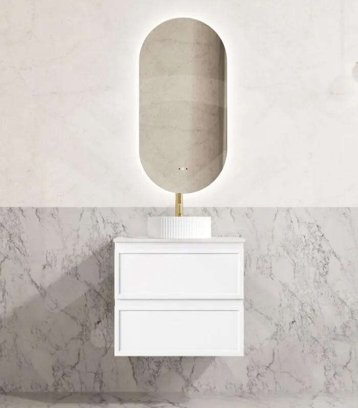 Hamilton 600mm Wall Hung Vanity - Matt White with Marble Stone Top