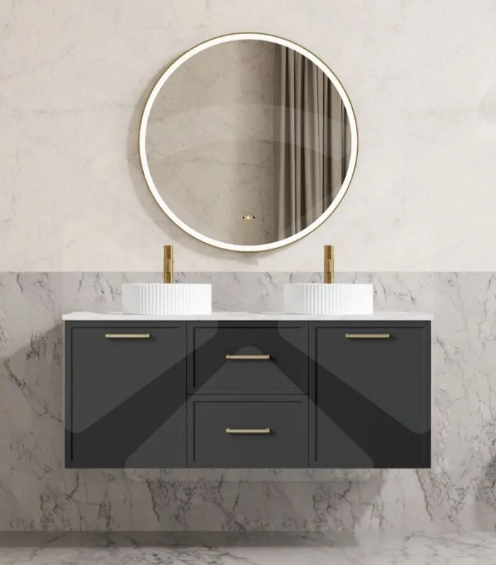 Madura 1200mm Double Bowl Wall Hung Vanity - Matt Black with Marble Stone Top