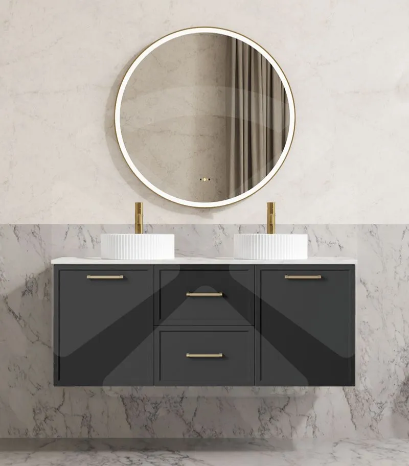 Madura 1200mm Double Bowl Wall Hung Vanity - Matt Black with Marble Stone Top