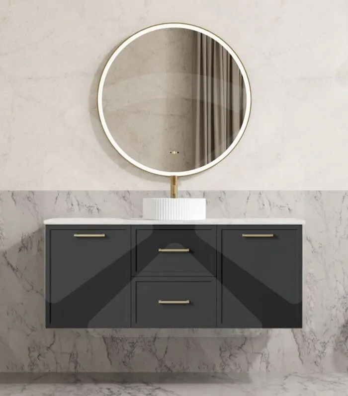Kingsley 1200mm Single Bowl Wall Hung Vanity - Matt Black with Marble Stone Top