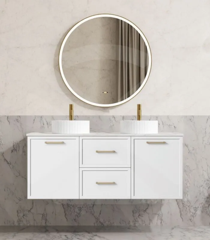 Kingsley 1200mm Double Bowl Wall Hung Vanity - Matt White with Marble Stone Top