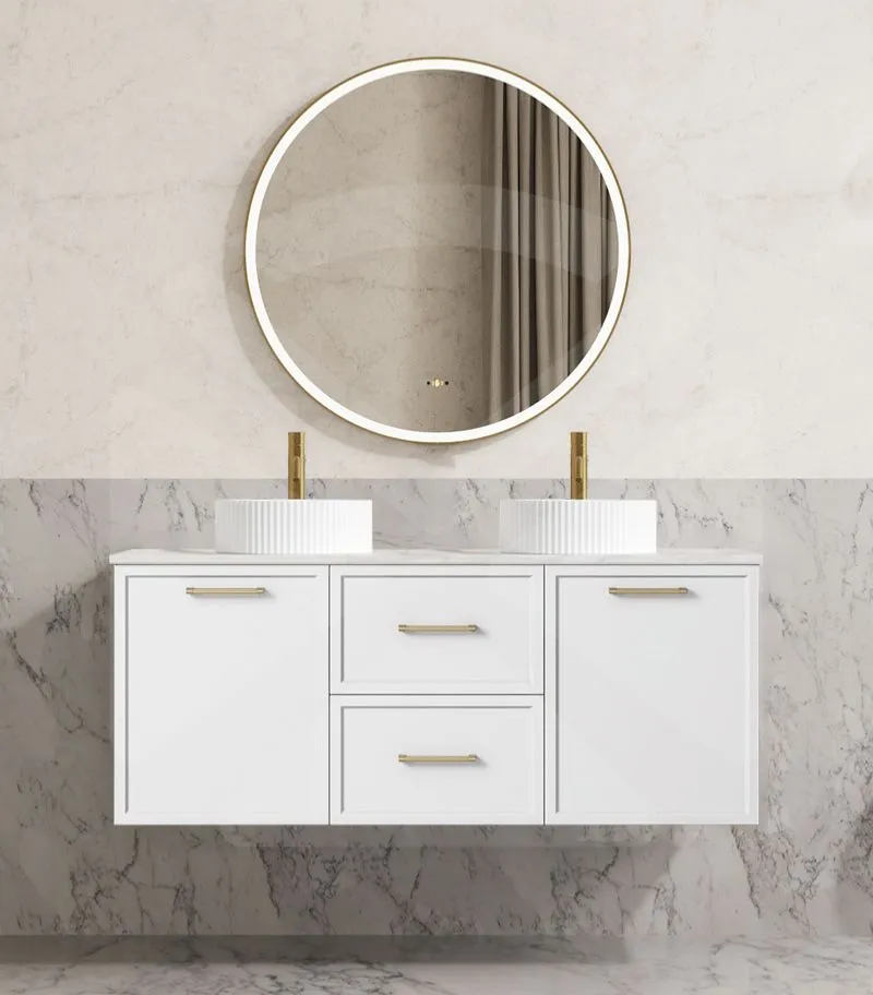 Kingsley 1200mm Double Bowl Wall Hung Vanity - Matt White with Marble Stone Top