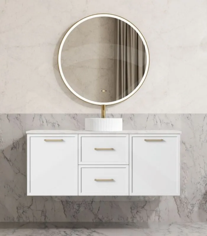 Kingsley 1200mm Single Bowl Wall Hung Vanity - Matt White with Marble Stone Top