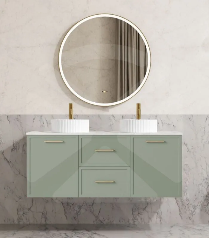 Kingsley 1200mm Double Bowl Wall Hung Vanity - Matt Green with Marble Sttone Top