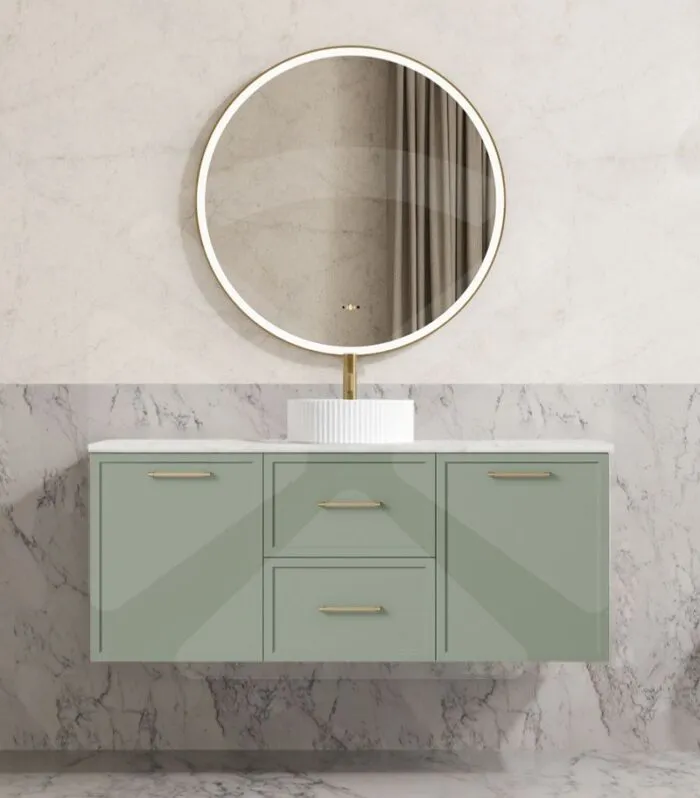 Kingsley 1200mm Single Bowl Wall Hung Vanity - Matt Green with Marble Stone Top