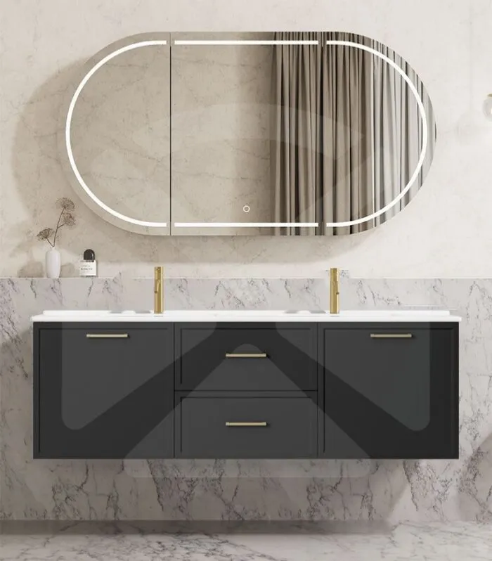 Kingsley 1500mm Double Bowl Wall Hung Vanity - Matt Black with Ceramic Top