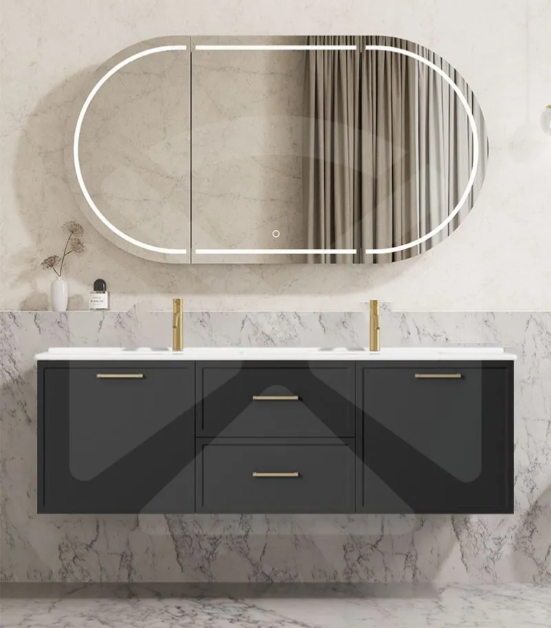 Kingsley 1500mm Double Bowl Wall Hung Vanity - Matt Black with Ceramic Top