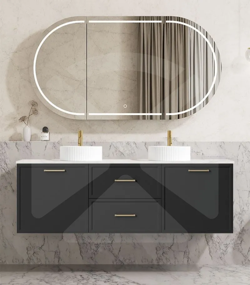 Kingsley 1500mm Double Bowl Wall Hung Vanity - Matt Black with Marble Stone Top