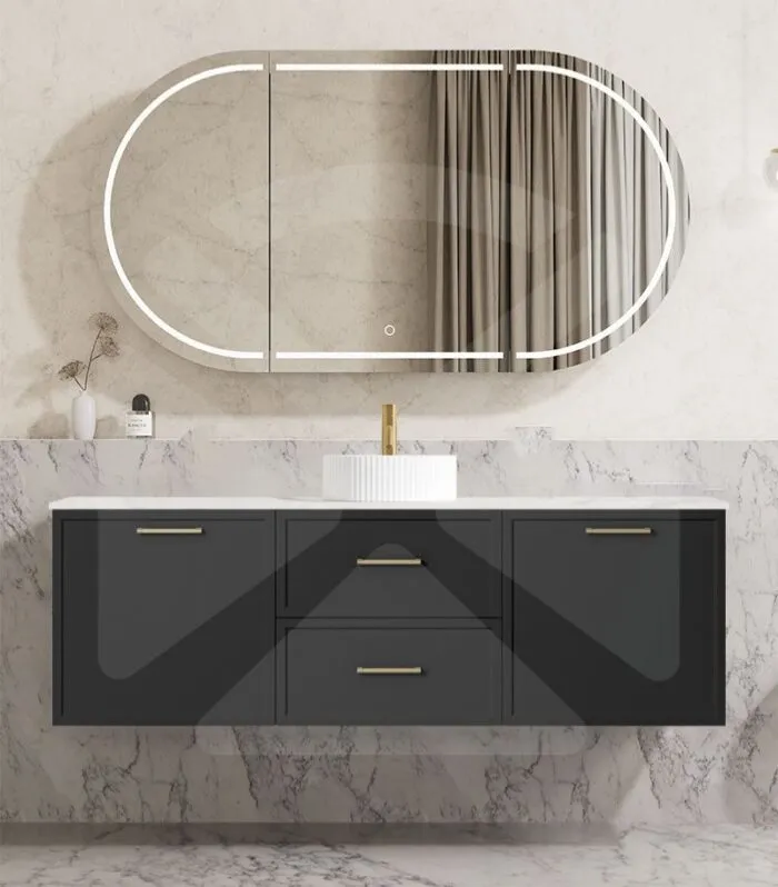 Kingsley 1500mm Single Bowl Wall Hung Vanity - Matt Black with Marble Stone Top