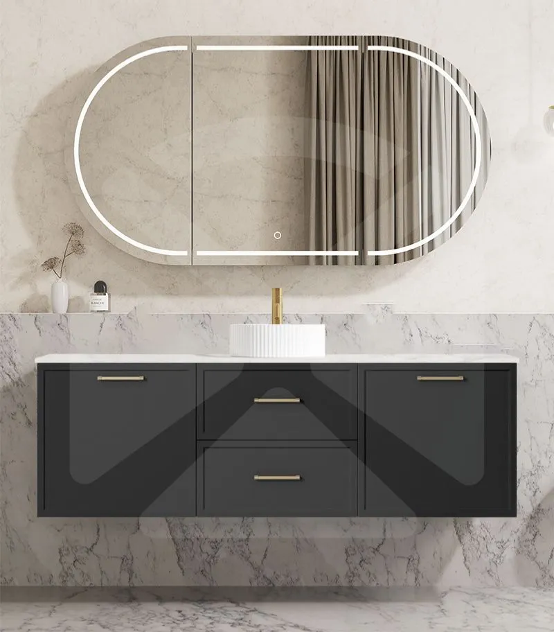 Kingsley 1500mm Single Bowl Wall Hung Vanity - Matt Black with Marble Stone Top