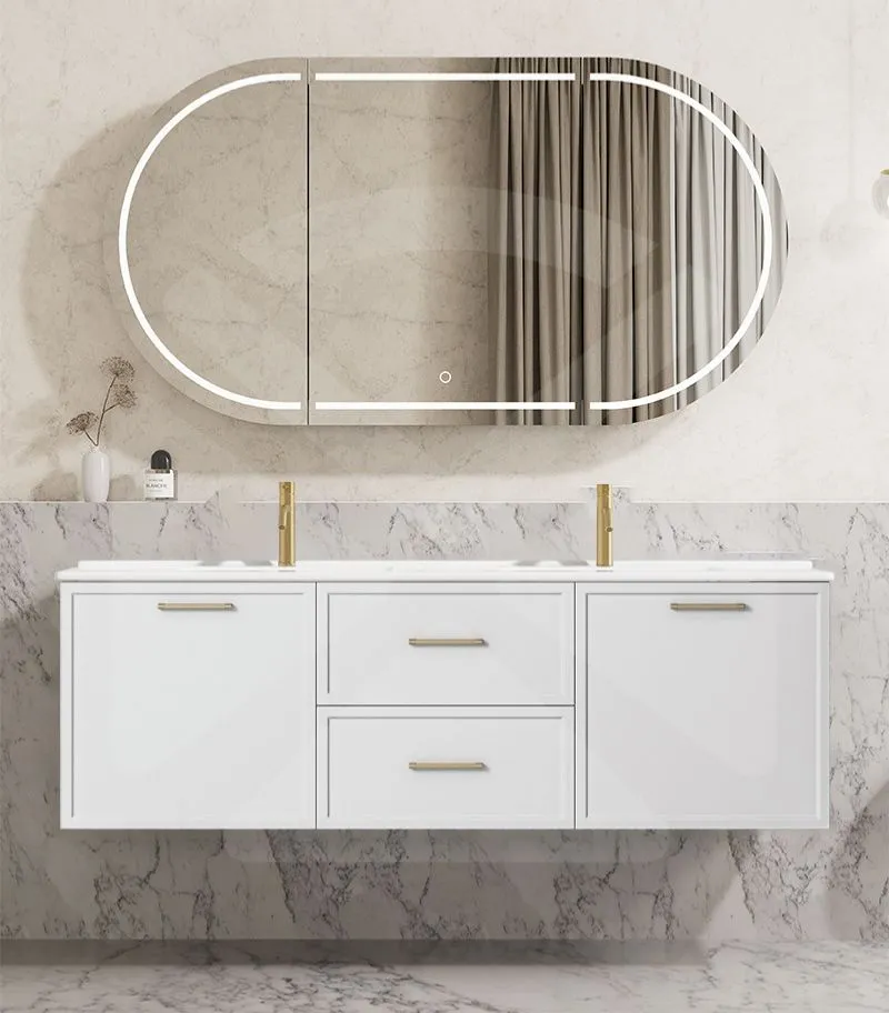 Kingsley 1500mm Double Bowl Wall Hung Vanity - Matt White with Ceramic Top