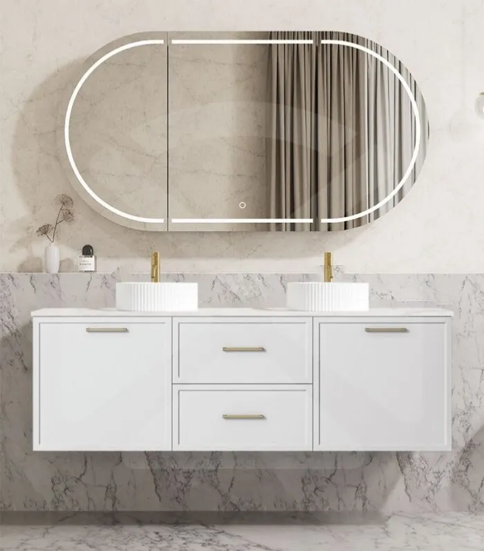 Kingsley 1500mm Double Bowl Wall Hung Vanity - Matt White with Marble Stone Top