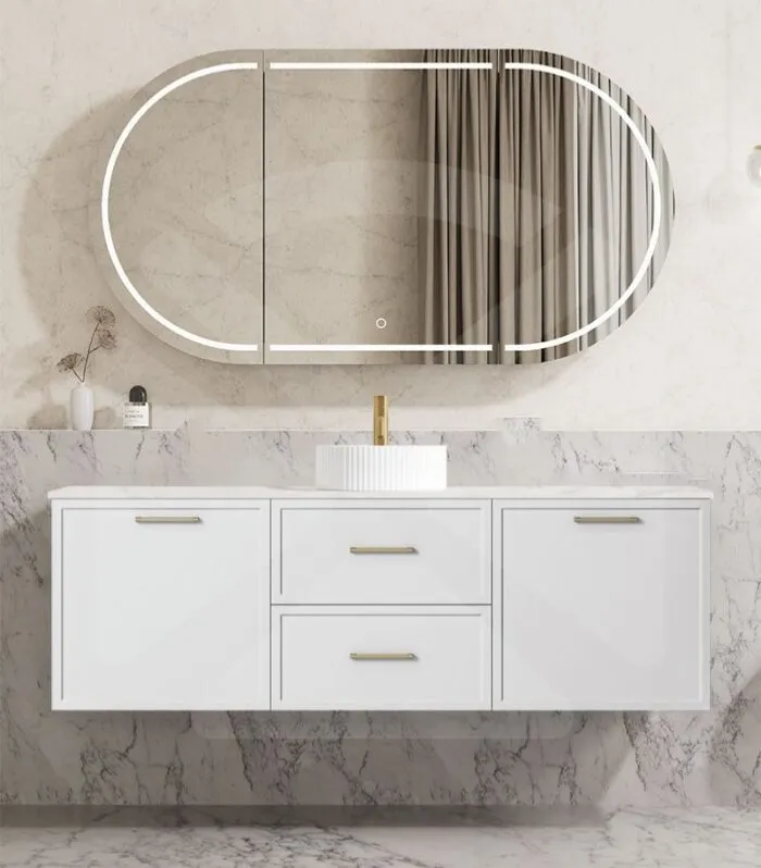 Kingsley 1500mm Single Bowl Wall Hung Vanity - Matt White with Marble Stone Top