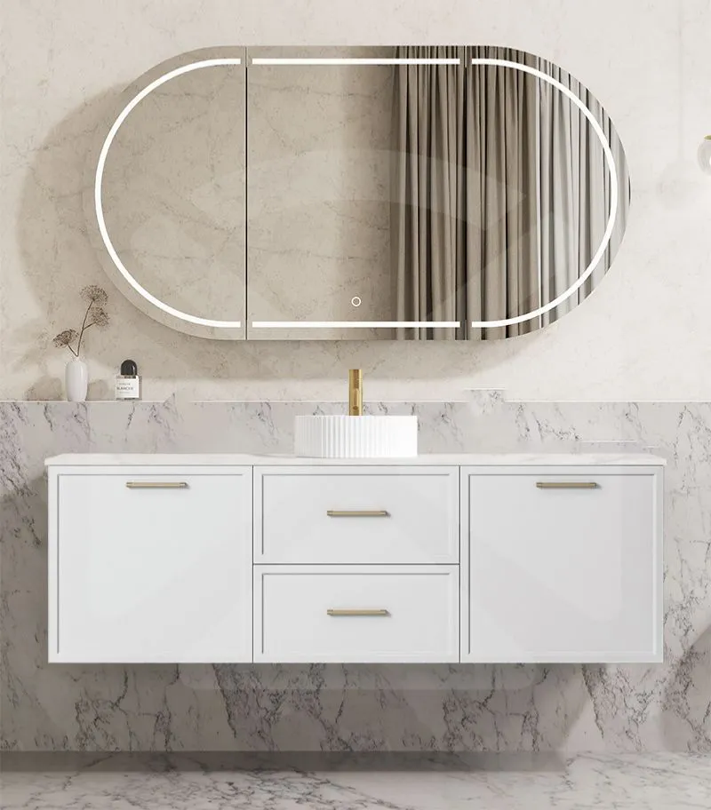 Kingsley 1500mm Single Bowl Wall Hung Vanity - Matt White with Marble Stone Top