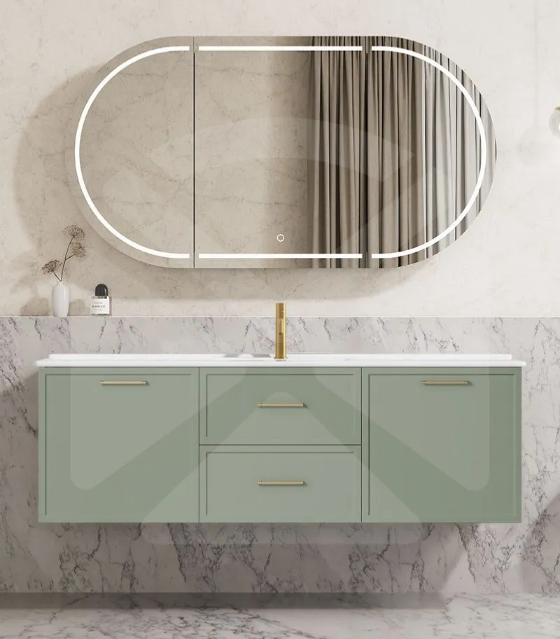 Kingsley 1500mm Single Bowl Wall Hung Vanity - Matt Green with Ceramic Top