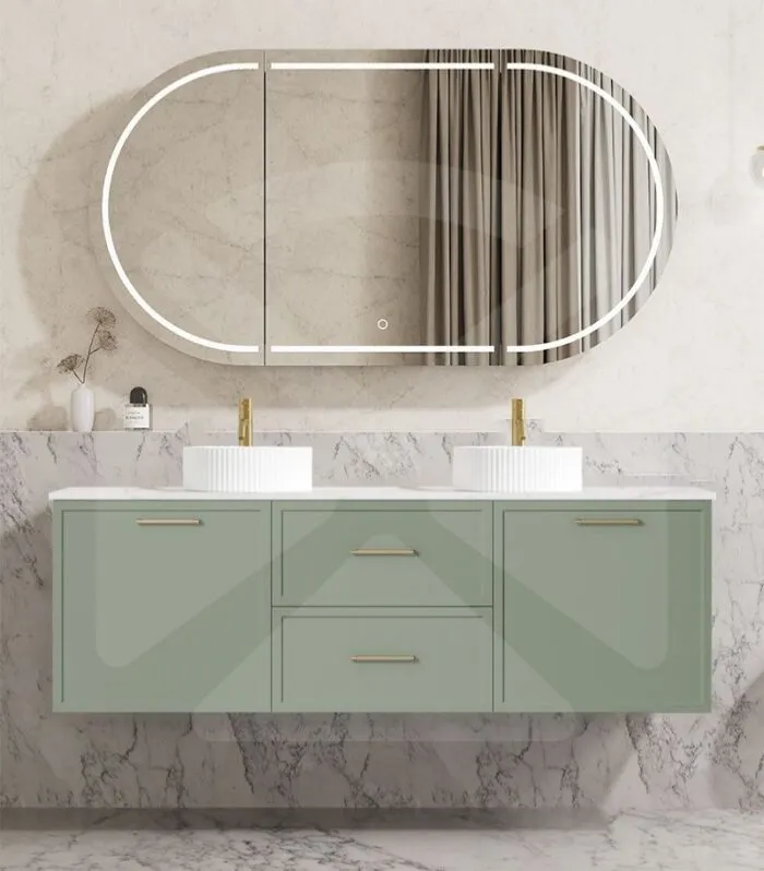 Kingsley 1500mm Double Bowl Wall Hung Vanity - Matt Green with Marble Stone Top