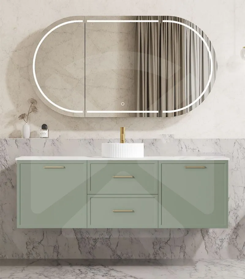 Kingsley 1500mm Single Bowl Wall Hung Vanity - Matt Green with Marble Stone Top