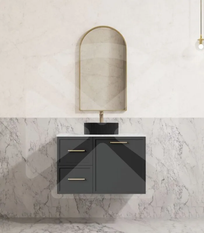 Kingsley 750mm Wall Hung Vanity – Matt Black with Marble StoneTop LHD