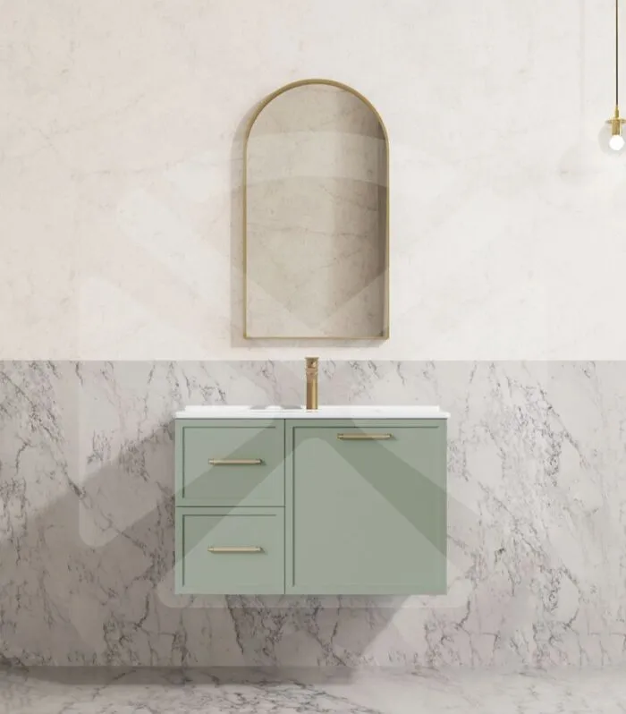 Kingsley 750mm Wall Hung Vanity – Matt Green with Ceramic Top LHD
