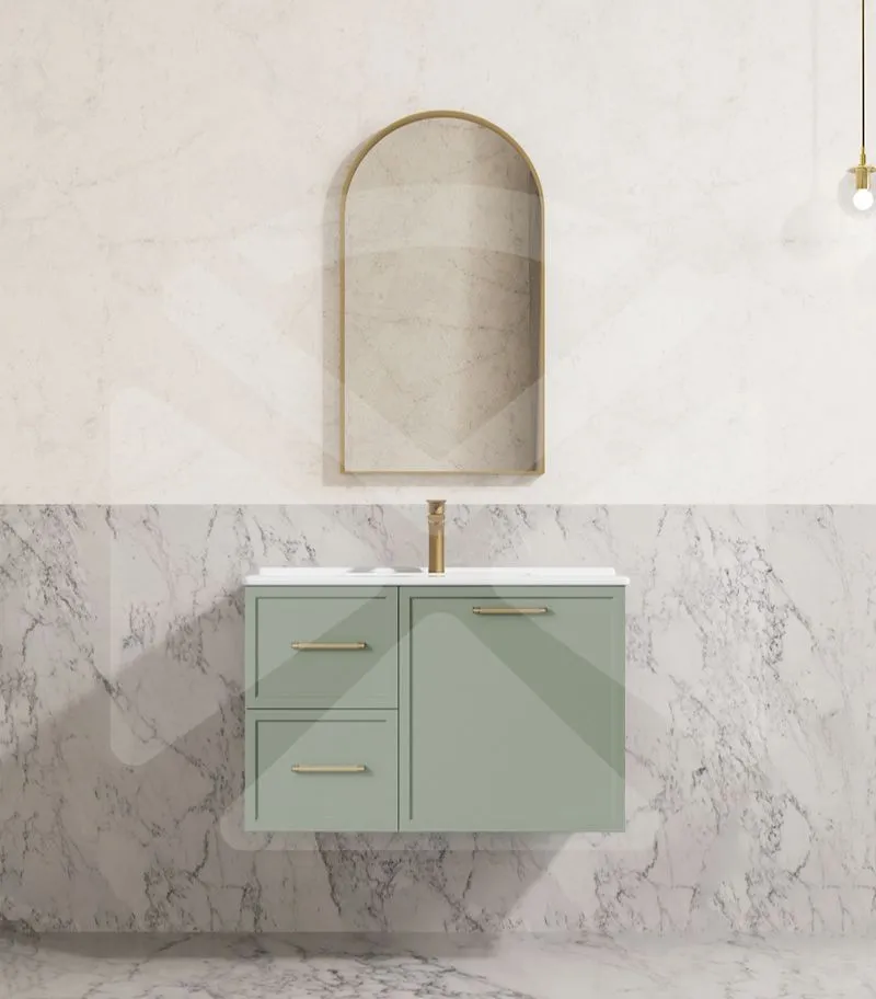 Kingsley 750mm Wall Hung Vanity – Matt Green with Ceramic Top LHD
