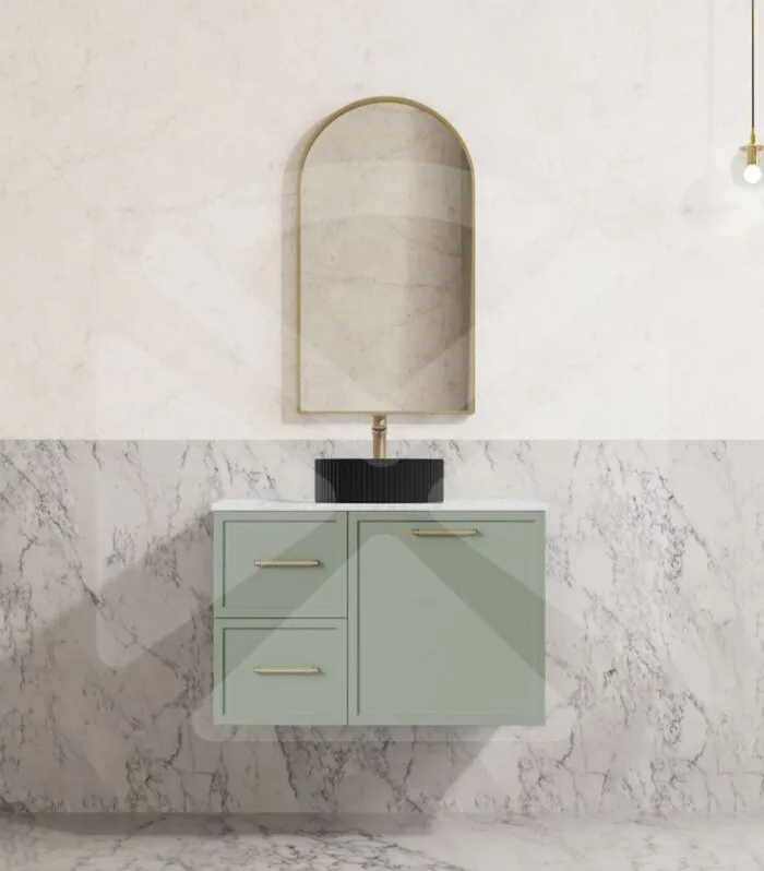Kingsley 750mm Wall Hung Vanity – Matt Green with Marble Stone Top LHD