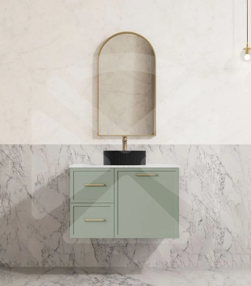 Kingsley 750mm Wall Hung Vanity – Matt Green with Marble Stone Top LHD