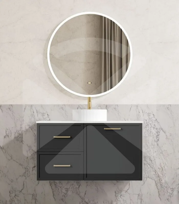 Kingsley 900mm Wall Hung Vanity - Matt Black with Marble Stone Top LHD