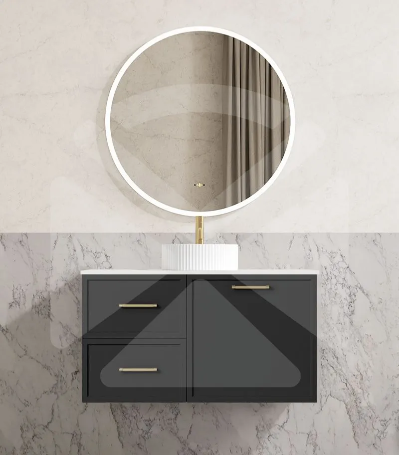 Kingsley 900mm Wall Hung Vanity - Matt Black with Marble Stone Top LHD