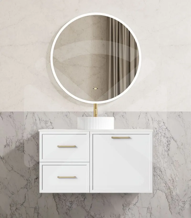 Kingsley 900mm Wall Hung Vanity - Matt White with Marble Stone Top LHD