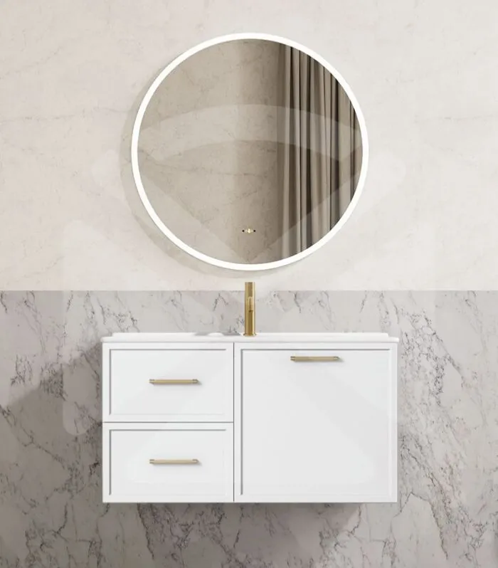 Kingsley 900mm Wall Hung Vanity - Matt White with Ceramic Top LHD