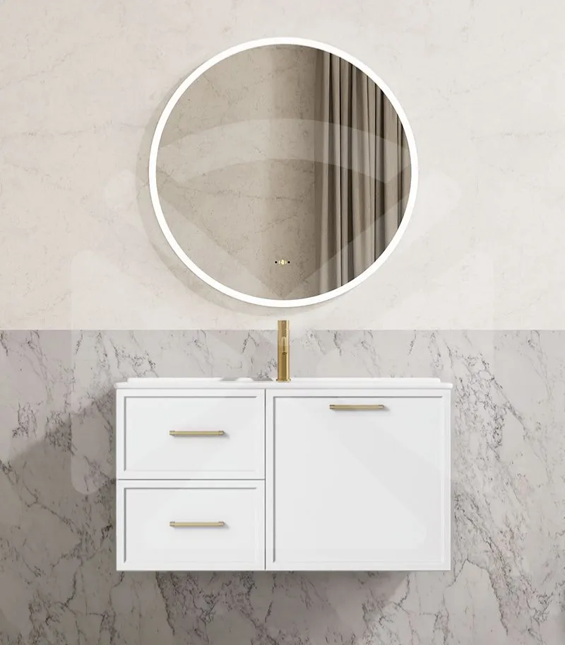 Kingsley 900mm Wall Hung Vanity - Matt White with Ceramic Top LHD