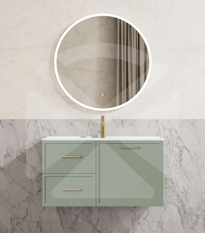 Kingsley 900mm Wall Hung Vanity - Matt Green with Ceramic Top LHD