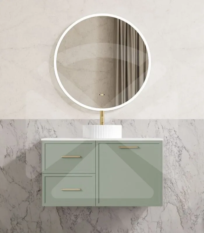 Kingsley 900mm Wall Hung Vanity - Matt Green with Marble Stone Top LHD