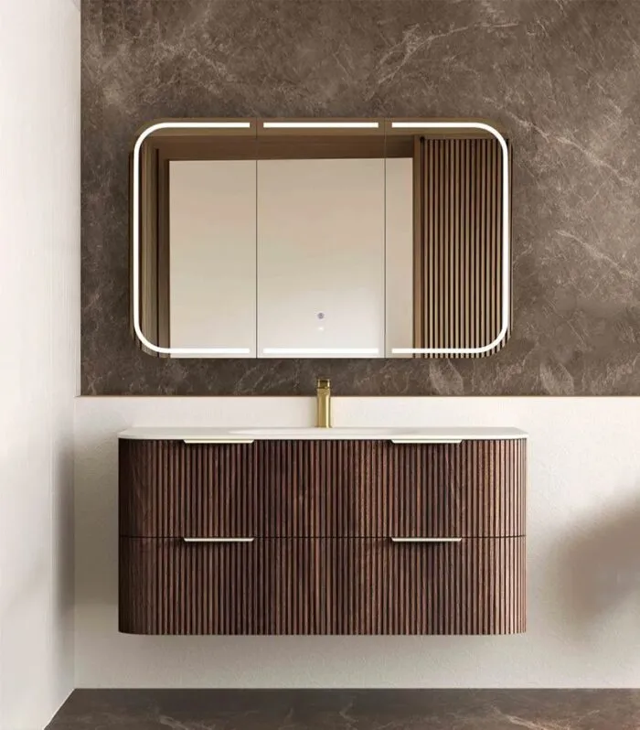 Havana 1200mm Curved Wall Hung Vanity – Fluted Sable Walnut with Solid Surface Basin