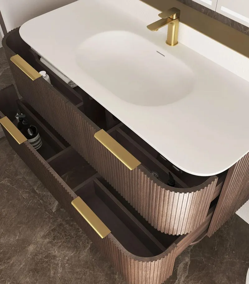 Havana 1200mm Curved Wall Hung Vanity – Fluted Sable Walnut Side View