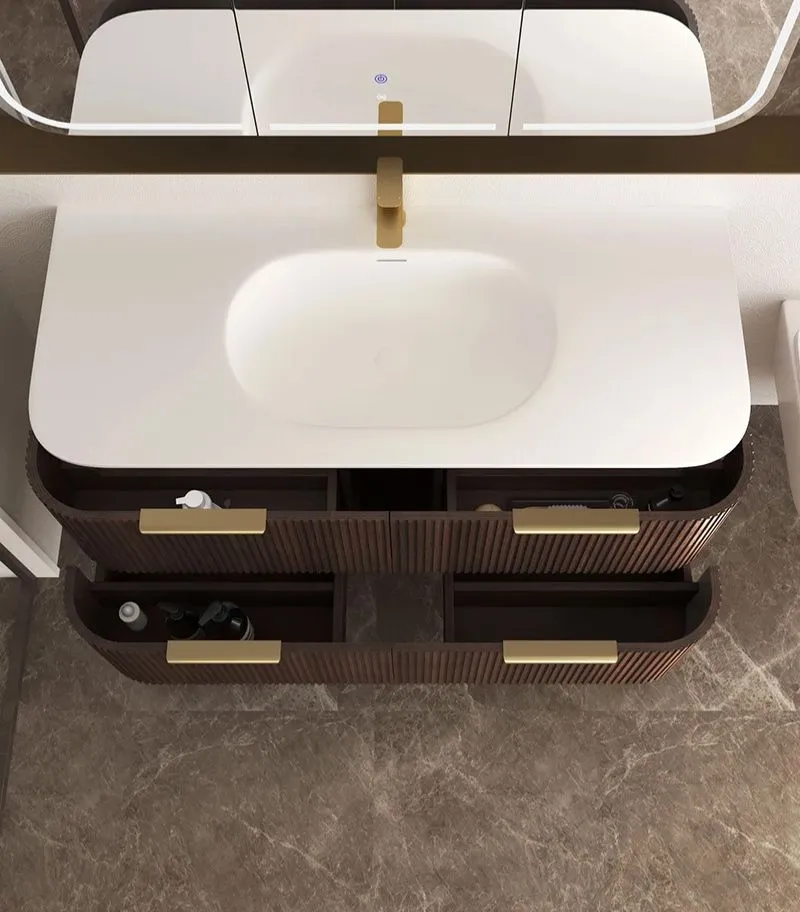 Havana 1200mm Curved Wall Hung Vanity – Fluted Sable Walnut Top View