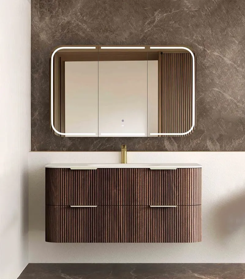 Havana 1200mm Curved Wall Hung Vanity – Fluted Sable Walnut with Solid Surface Basin