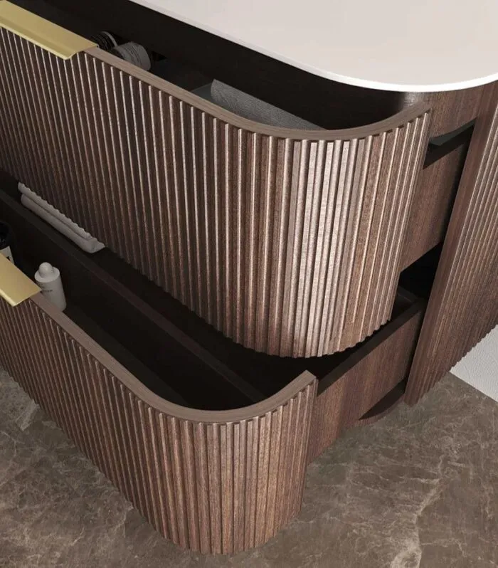 Havana 1500mm Curved Wall Hung Vanity – Fluted Sable Walnut Side View