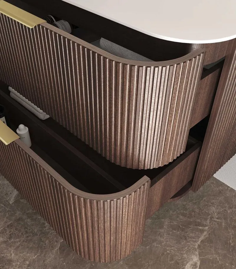 Havana 1500mm Curved Wall Hung Vanity – Fluted Sable Walnut Side View
