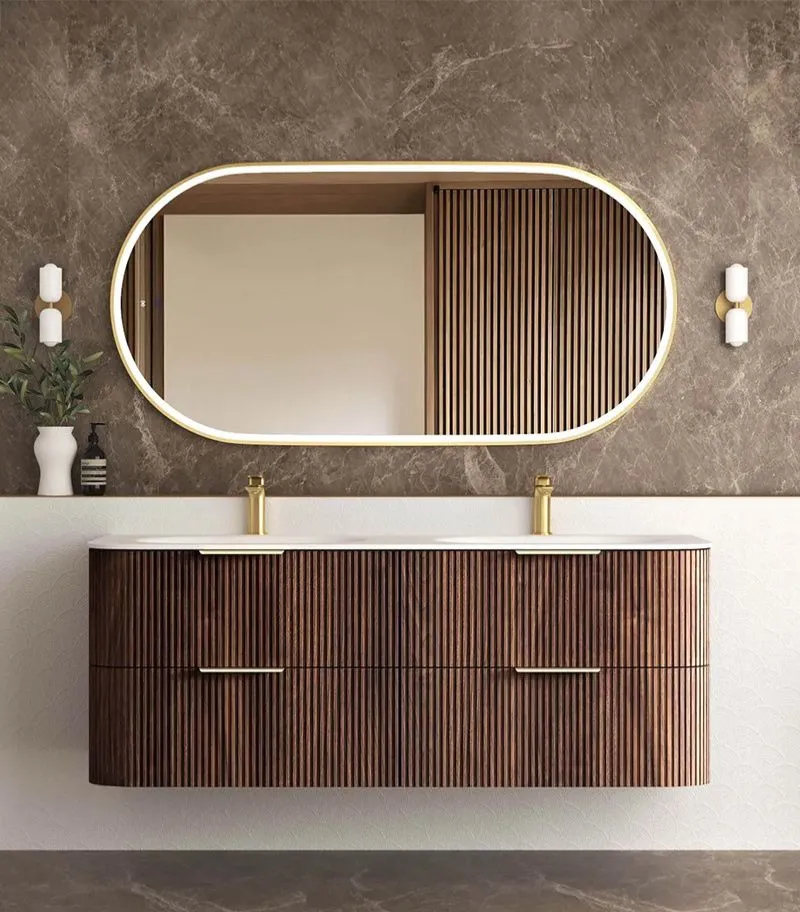 Havana 1500mm Curved Wall Hung Vanity – Fluted Sable Walnut with Solid Surface Basin