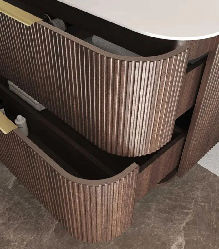 Havana 1800mm Curved Wall Hung Vanity – Fluted Sable Walnut Side View