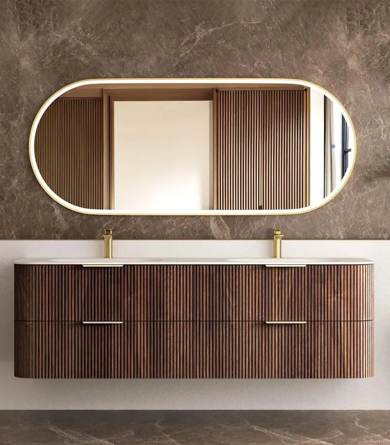 Havana 1800mm Curved Wall Hung Vanity – Fluted Sable Walnut with Solid Surface Basin