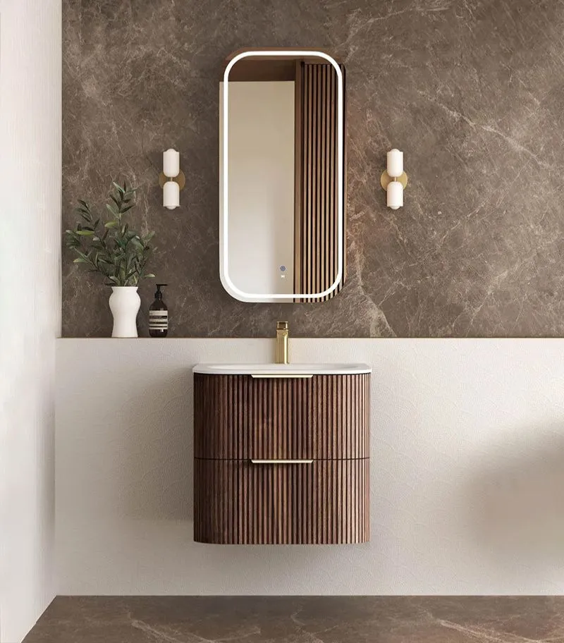 Havana 600mm Curved Wall Hung Vanity – Fluted Sable Walnut with Solid Surface Basin
