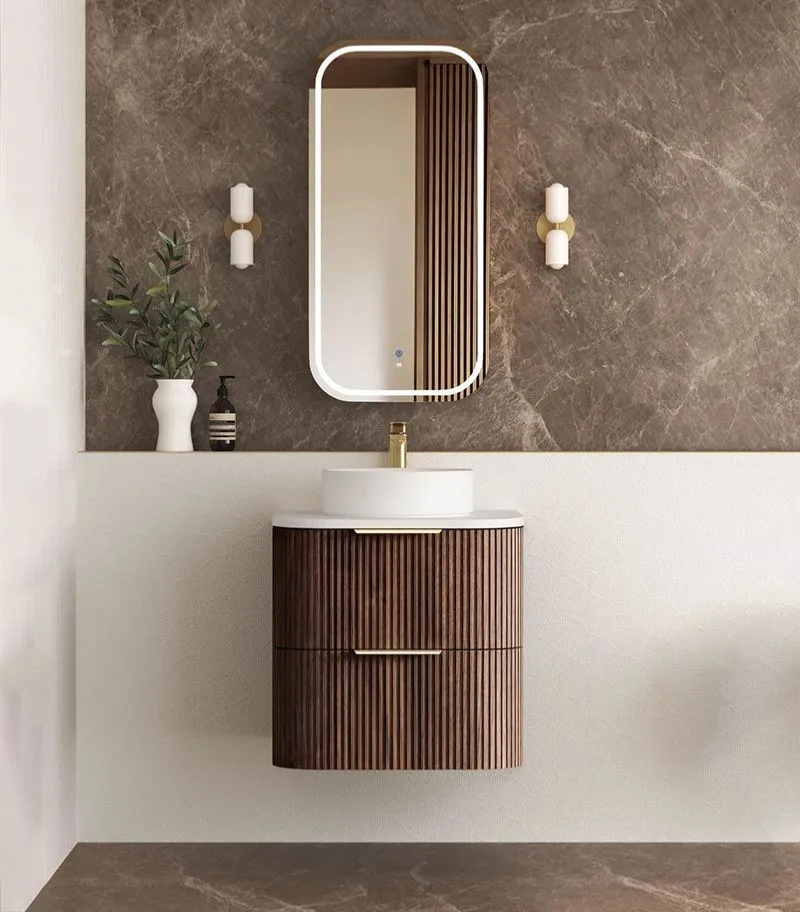 Havana 600mm Curved Wall Hung Vanity – Fluted Sable Walnut with Solid Surface Stone Top - Pure White